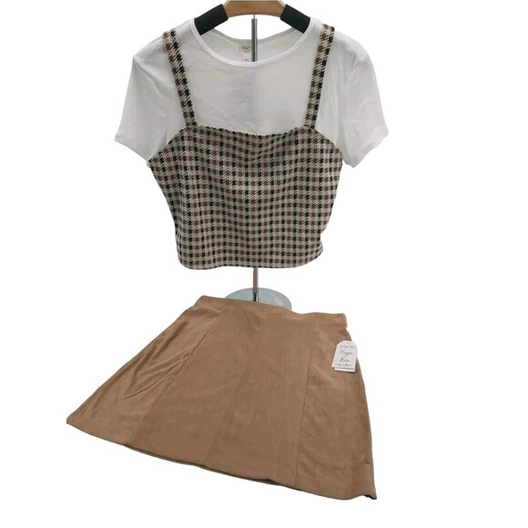 Self Esteem Women's Juniors' Printed Layer-Look Top Beige Large Plaid Coord New - Picture 2 of 16
